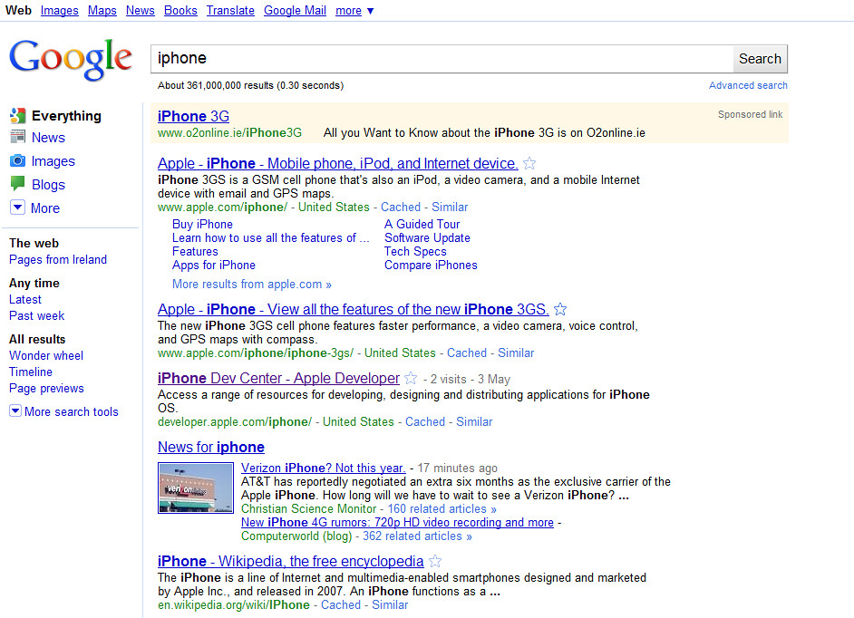 Search engine results listing